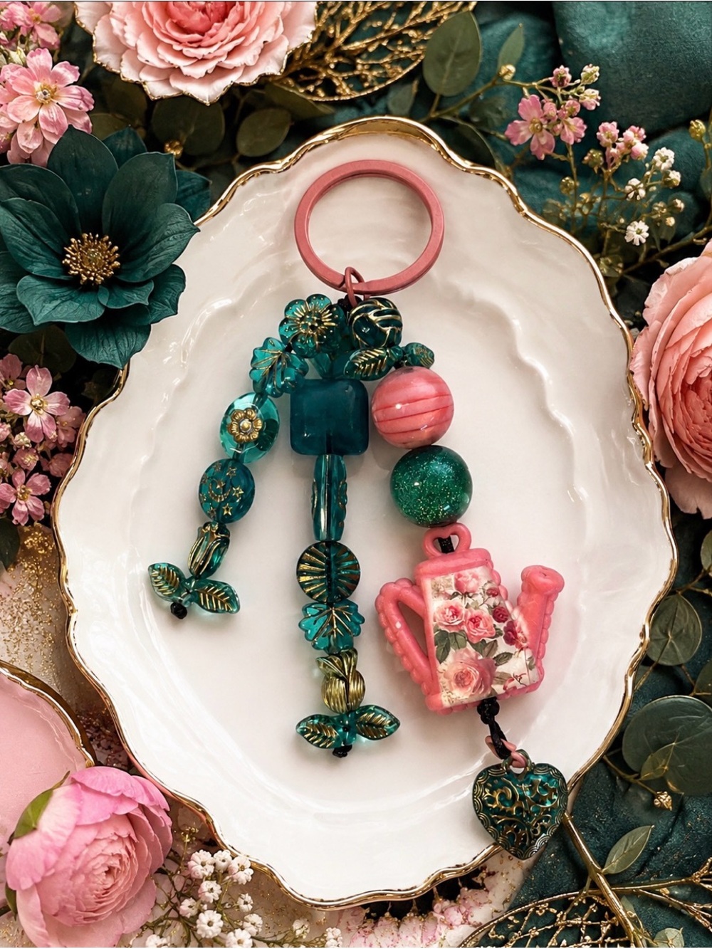 Hand Crafted Pink & Green Floral Teapot Keychain